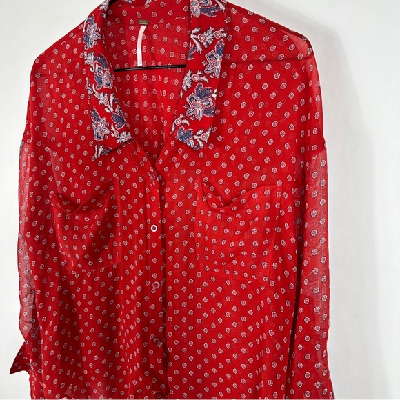 Free People FP Easy Rider Anthropologie Red Paisley Bandana Sheer Blouse Top - Picture 4 of 12